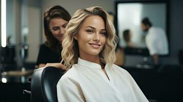 schoonheid salon, vrouw kapper aan het doen kapsel voor jong vrouw, brunette model- in haar- salon foto