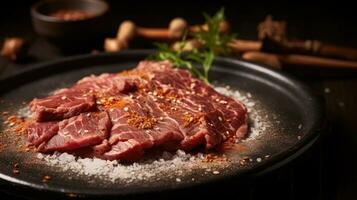 Japans rundvlees Aan Scherm, detailopname van droog verouderd en gegrild wagyu rundvlees steak Aan een rustiek houten snijdend bord. foto