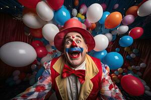 kleurrijk clown illustratie van een gelukkig clown spelen met ballonnen Bij een kinderen verjaardag feest. foto