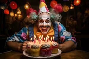 kleurrijk clown illustratie van een gelukkig clown spelen met ballonnen Bij een kinderen verjaardag feest. foto
