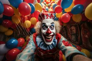 kleurrijk clown illustratie van een gelukkig clown spelen met ballonnen Bij een kinderen verjaardag feest. foto