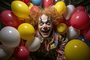 kleurrijk clown illustratie van een gelukkig clown spelen met ballonnen Bij een kinderen verjaardag feest. foto