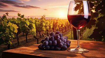 gieten rood wijn in een glas. in de wijngaard, Frans rood wijn foto