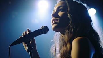 mooi Afro-Amerikaans vrouw zanger met microfoon Aan fase, lichten en geluid. foto