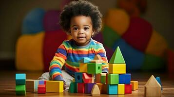 schattig weinig Afrikaanse Amerikaans kind aan het leren spelen met houten blokken in de huis foto