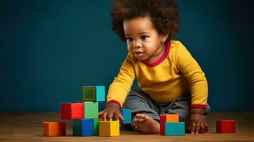 schattig weinig Afrikaanse Amerikaans kind aan het leren spelen met houten blokken in de huis foto
