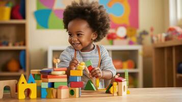 schattig weinig Afrikaanse Amerikaans kind aan het leren spelen met houten blokken in de huis foto