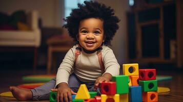 schattig weinig Afrikaanse Amerikaans kind aan het leren spelen met houten blokken in de huis foto