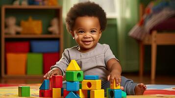 schattig weinig Afrikaanse Amerikaans kind aan het leren spelen met houten blokken in de huis foto