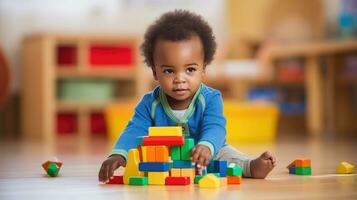 schattig weinig Afrikaanse Amerikaans kind aan het leren spelen met houten blokken in de huis foto