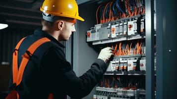 elektricien ingenieur met plan naar controleren elektrisch levering in voorkant van controle lont schakelbord foto