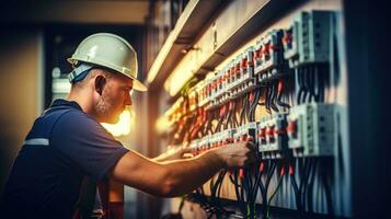 elektricien ingenieur met plan naar controleren elektrisch levering in voorkant van controle lont schakelbord foto