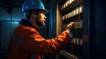 elektricien ingenieur met plan naar controleren elektrisch levering in voorkant van controle lont schakelbord foto