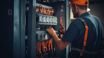 elektricien ingenieur met plan naar controleren elektrisch levering in voorkant van controle lont schakelbord foto