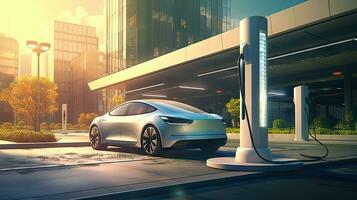 ev opladen station voor toekomst elektrisch auto's in de concept van groen energie en ecologisch energie foto