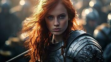 mooi vrouw krijger in middeleeuws metaal schild met zwaard. fee verhaal verhalen over krijgers, film toon foto