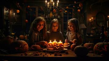 groep van kinderen gekleed omhoog voor halloween, 3 kinderen hebben pret Aan halloween foto