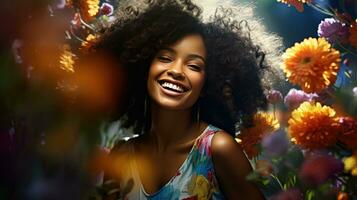 schoonheid van een mooi Afrikaanse vrouw met een achtergrond van kleurrijk bloemen. foto