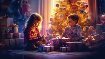 gelukkig nieuw jaar 2024, mooi Kerstmis geschenk doos met rood lint en pijnboom ijshoorntje Aan tafel in de buurt boom, ruimte voor tekst foto