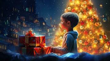 gelukkig nieuw jaar 2024, mooi Kerstmis geschenk doos met rood lint en pijnboom ijshoorntje Aan tafel in de buurt boom, ruimte voor tekst foto