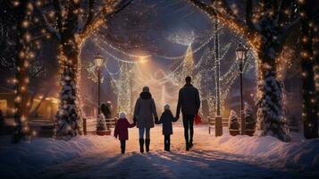 familie, ouders en kinderen in een mooi winter tuin met Kerstmis lichten Aan de bomen in de avond foto