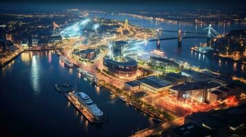 hoog hoek visie van dusseldorf festival nacht visie langs de rivier- foto