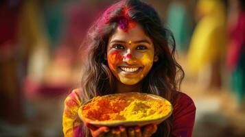 mooi gelukkig Indisch vrouw viert holi met gekleurde poeder of goed. Indisch festival holi foto
