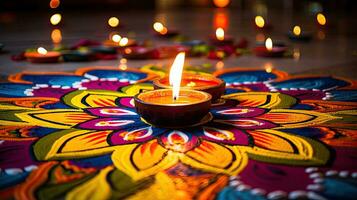 olie lampen lit Aan kleurrijk rangoli gedurende diwali viering kleurrijk klei diya lampen met bloemen foto