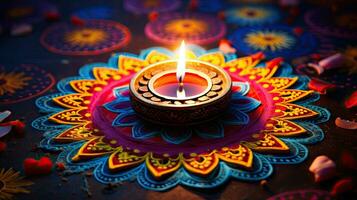 olie lampen lit Aan kleurrijk rangoli gedurende diwali viering kleurrijk klei diya lampen met bloemen foto