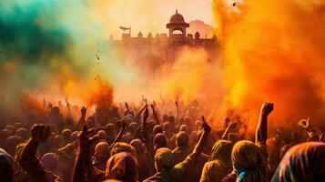 mensen vieren kleurrijk holi festival in Indië, jaar- toerisme kleuren, Indië foto