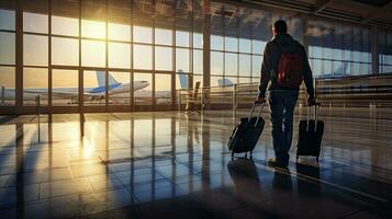 mannetje toerist staat in luchthaven en horloges vliegtuigen vlieg door de venster. foto