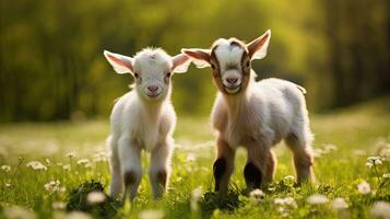 twee baby geiten spelen in de groen veld- foto