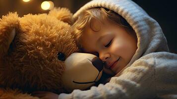 een schattig weinig jongen knuffels een groot zacht teddy beer. foto