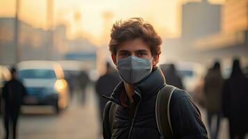 een jong Mens draagt een n95 masker naar beschermen tegen p.m 2.5 stof en lucht vervuiling. achter Daar zijn auto's voorbijgaan door en Daar is een dun stroom. foto