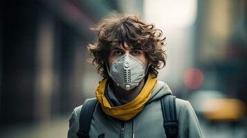 een jong Mens draagt een n95 masker naar beschermen tegen p.m 2.5 stof en lucht vervuiling. achter Daar zijn auto's voorbijgaan door en Daar is een dun stroom. foto