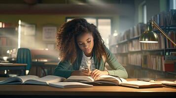 zwart vrouw elementair school- leerling zittend alleen in de klas denken over huiswerk. Daar is een boek Aan de tafel foto