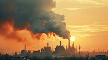 chemisch fabriek met schoorsteen rook van fabriek pijpen Bij zonsondergang, ecologisch problemen en lucht verontreiniging foto