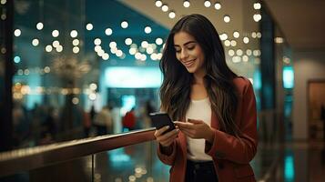 mooi gelukkig meisje Holding een smartphone staat glimlachen in de lichten in een boodschappen doen winkelcentrum. foto