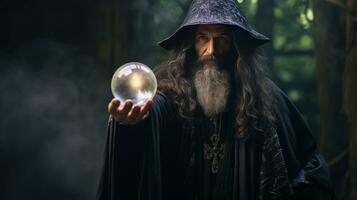 tovenaar op zoek in kristal bal naar voorspellen toekomst foto