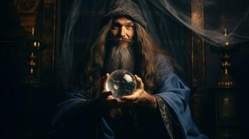 tovenaar op zoek in kristal bal naar voorspellen toekomst foto
