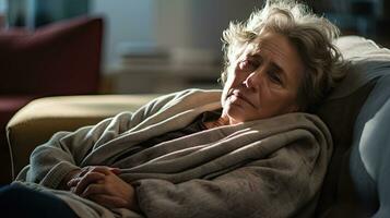 depressief ouderen vrouw aan het liegen Aan de sofa depressie, adhd, mentaal Gezondheid problemen foto