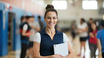 vrouw fysiek onderwijs leraar houdt een glimlachen Sportschool map achter haar voor studenten naar oefening. foto