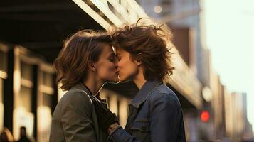 lesbienne paar zoenen gedurende een romantisch datum Bij zonsondergang Aan de straten van Madrid foto