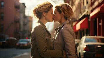 lesbienne paar zoenen gedurende een romantisch datum Bij zonsondergang Aan de straten van Madrid foto