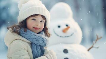 glimlachen jong vrouw met sneeuwman Aan wit Kerstmis in winter sneeuw foto