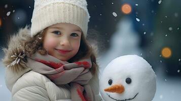 glimlachen jong vrouw met sneeuwman Aan wit Kerstmis in winter sneeuw foto