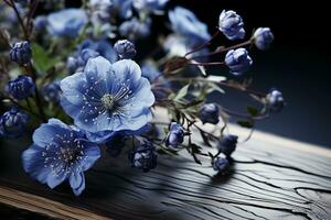 single laminaat plank omringd door blauw bloemen elementen. ai generatief foto