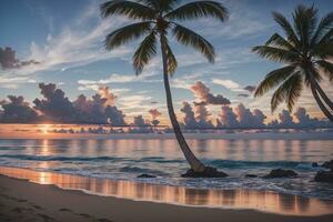 zonsondergang Bij tropisch strand en kokosnoot boom foto