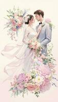bruiloft paar met bloem waterverf achtergrond foto