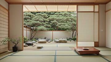 3d geven minimalistische van Japans kamer van zen tuin foto